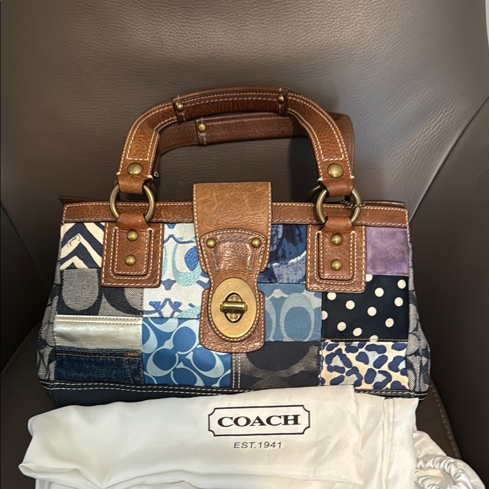 Coach Brown and Blue Satchel with Patchwork Design